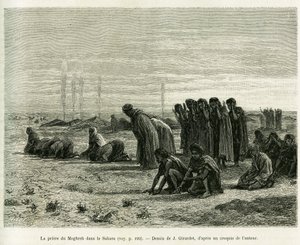 Moghreb-rukous Saharassa. J.Girardetin kaiverrus havainnollistamaan tarinaa Cinq mois chez les moures nomades du Sahara occidental, vuonna 1887, Camille Douls, in le tour du monde 1888, ohjaajana Edouard Charton (1807-1890), Hachette, Pa