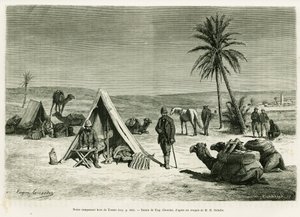 Matkailijoiden leiri Tozeurin läheisyydessä. Kaiverrus Eugene Girardet havainnollistamaan tarinaa Voyage en Tunisie, R. Cagnat ja H. Saladin, in le tour du monde 1886, ohjaaja Edouard Charton (1807-1890), Hachette, Paris.