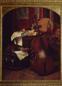 Asetelma soittimien kanssa. Eugene Appertin maalaus (1814 - 1867)