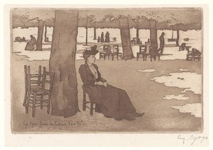 Nainen Tuileries-puutarhan puutarhassa Pariisissa Jardins des Tuileries Paris (otsikko esineessä) tekijältä Eugene Bejot