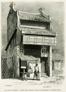 Monkayn talo. Kaiverrus Eugene Burnand, havainnollistamaan tarinaa Sur les frontières du Tonkin, kirjoittanut tohtori P.Neiss, in le tour du monde 1888, ohjannut Edouard Charton (1807-1890), Hachette, Paris. tekijältä Eugene Burnand