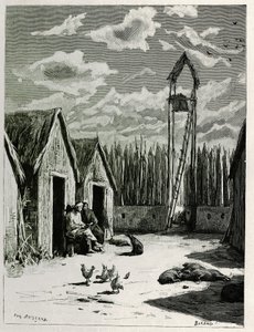 Lähetyssaarnaajien aukio Meuong Nganissa. Kaiverrus Eugene Burnand, havainnollistamaan tarinaa "Matka Ylä-Laosissa", vuonna 1880, tohtori P.Neis. Julkaistu Le Tour du monde, nouveau journal des voyages, 2. lukukausi 1885, toimittanut Edouard Charton (1807- tekijältä Eugene Burnand