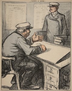 Kaksi merenkulkuherrasmiestä toimistossaan, kuvitus teoksesta "The Butter Plate: The Officials", 9. elokuuta 1902 tekijältä Eugene Cadel
