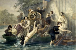 Ah! Kaunis pää, sunnuntai veden äärellä. Nainen sukeltamassa veteen uimapuvussa 1800-luvulla huvitettujen merimiesten naurun alla. Nainen veneessä suojaa itseään naarmuilta sateenvarjollaan. Kaiverrus Eugene Guerard (1821-1866). PR