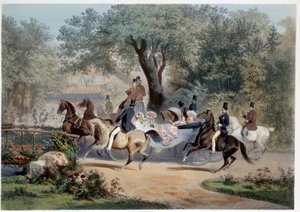 Kohtaus kävelystä Le Pre Catelanissa (Pre-Catelan) Pariisissa Litografia Eugene Guerard (1821-1866) 1800-luvun Pariisi, Musee Carnavalet tekijältä Eugene Charles Francois Guerard