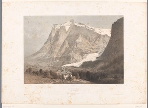 Näkymä Grindelwaldista Grindelwald (otsikko esineessä) Nähtävyydet Sveitsissä, Savoyssa ja Tirolissa (sarjan nimi) La Suisse, la Savoie et le Tyrol (sarjan nimi esineellä) tekijältä Eugene Ciceri