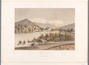 Näkymä Saint-Martin-sur-Arvelle Mont Blancilta St. Martin ja Mont-Blanc (otsikko esineessä) Gezichten in Zwitserland, Savoy in Tirol (sarjan nimi) Sveitsi, Savoy ja Tiroli (sarjan nimi esineellä) tekijältä Eugene Ciceri