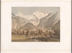 Näkymä Unterseenille ja Jungfraulle La Jungfrau à Unterseen (otsikko esineessä) Nähtävyydet Sveitsissä, Savoyssa ja Tirolissa (sarjan nimi) La Suisse, la Savoie et le Tyrol (sarjan nimi esineellä) tekijältä Eugene Ciceri
