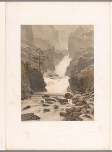 Näkymä Barberinen vesiputoukselle lähellä Vallorcinea Cascade de Barberine (otsikko esineessä) Nähtävyydet Sveitsissä, Savoyssa ja Tirolissa (sarjan nimi) La Suisse, la Savoie et le Tyrol (sarjan nimi esineellä) tekijältä Eugene Ciceri