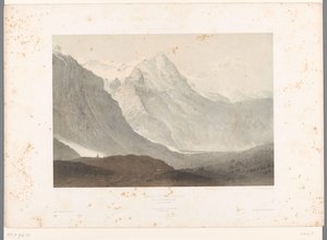 Näkymä Grindelwaldin laaksoon Grindelwaldin laakso (otsikko esineessä) Kasvot Sveitsissä ja Savoyssa (sarjan nimi) La Suisse et la Savoie (sarjan nimi esineellä) tekijältä Eugene Ciceri