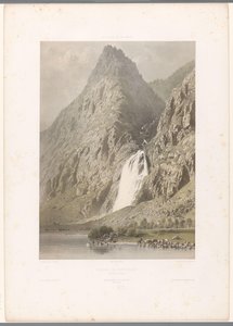 Näkymä Pissevachen vesiputoukselle Cascade de Pissevache (otsikko esineessä) Kasvot Sveitsissä ja Savoyssa (sarjan nimi) La Suisse et la Savoie (sarjan nimi esineellä) tekijältä Eugene Ciceri