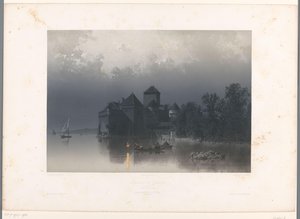 Näkymä Chillonin linnalle Genevejärvellä Château de Chillon (otsikko esineessä) Kasvot Sveitsissä ja Savoyssa (sarjan nimi) La Suisse et la Savoie (sarjan nimi esineellä) tekijältä Eugene Ciceri