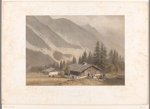 Näkymä Jacques Balmatin talosta lähellä Chamonixia Maison de Jacques Balmat (otsikko esineessä) Nähtävyydet Sveitsissä, Savoyssa ja Tirolissa (sarjan nimi) La Suisse, la Savoie et le Tyrol (sarjan nimi esineellä)
