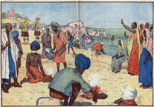 Kansalaistottelemattomuuden viikko Intiassa Brittiläistä imperiumia vastaan: Bombay Beachillä Gandhi (1869-1948) ja hänen kannattajansa keittävät merivettä suolan saamiseksi Gabelle-lain vastaisesti. Naiset rohkaisevat heitä toistamalla tämän kuoron: "Rikk tekijältä Eugene Damblans