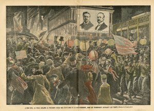 Kuva Eugene Damblansista (1865-1945) Le Pelerinissä, 20.11.04 - New Yorkissa yleisö hurraa Yhdysvaltain uudelleen valittua presidenttiä ja varapresidenttiä, jonka läpinäkyvä toistaa piirteet - Amerikka USA, vaalit, arkkitehtuuri Urbani tekijältä Eugene Damblans