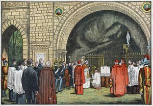 "Grotto de Lourdesin" edessä Vatikaanin puutarhoissa paavi Pius XI siunasi Propaganda Collegen ensimmäisen kiven, joka kohoaisi Janiculeen. Kuva Damblansista. Le Pelerinissä 3. kesäkuuta tekijältä Eugene Damblans