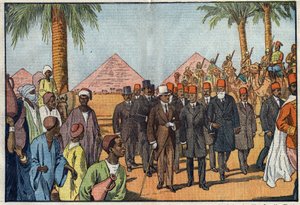 Afganistanin kuningas Amanullah (1892-1960) vierailee Egyptin pyramideissa meharistien saattajan kanssa. Kairo, Egypti. Kuva Damblansista. "" Le Pelerin" -lehdessä 22. tammikuuta tekijältä Eugene Damblans