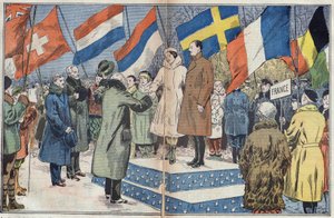 Talviolympialaiset (1932) - päätösseremonia: tuomaristo onnittelee olympiavoittajia ranskalaisia luistelijoita M. ja rouva Brunet Jolya (Brunet-Joly). Lake Placid, Yhdysvallat. Kuva Damblansista. "" Le Pelerin" -lehdessä 18. maaliskuuta tekijältä Eugene Damblans