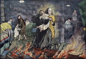 Sisar Marie Gabrielle (Marie-Gabrielle) pelastamassa lasta Bernards Villen (Bernards-Ville) orpokodin tulipalossa Yhdysvalloissa. Kuva Damblaneista "" Pelerinissä"" 27. marraskuuta tekijältä Eugene Damblans