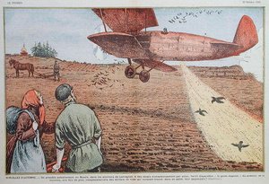 Siementen kylvö lentokoneesta Neuvosto-Venäjällä, kuvitus "le Pelerin"-lehdelle, 22. lokakuuta 1933 (väri litho) tekijältä Eugene Damblans