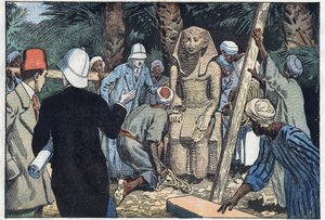 Ranskalainen arkeologinen tehtävä löytää Sesostris III -teinipatsaan, joka tuodaan Louvreen. Medamoud, muinainen Thebes, Egypti. Kuva Damblansista. "" Le Pelerin" -lehdessä 22. marraskuuta tekijältä Eugene Damblans
