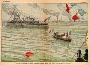 The Presidential Standard, Cherbourg Harbour, Dobleng pahina na kumalat sa "Le Pelerin" noong Agosto 2, 1925 (lithograph finn tekijältä Eugene Damblans