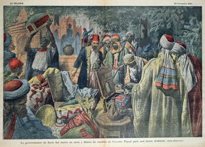 Syyrian hallituksen tekemä emiiri Faisalin (1883-1923) tavaroiden myynti Damaskoksessa, kuva Le Pelerin -lehdestä, 20. marraskuuta 1920 tekijältä Eugene Damblans