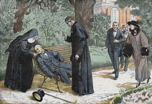 Theophile Delcassé (1852-1923), ranskalainen poliitikko kuoli emboliaan Nizzan evechen puutarhassa vuonna 1923. Piirustus Damblansista. tekijältä Eugene Damblans