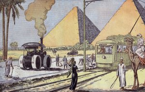 Näkymä Gizan pyramideista Egyptissä, Eugene Damblansin kuvitus ranskalaisesta "Le Pelerin" -lehdestä 1. tammikuuta tekijältä Eugene Damblans