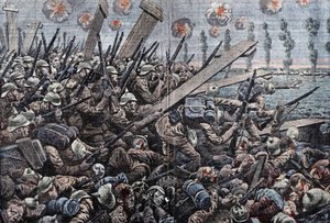 Sota 1914-1918. Belgian rintama 1914. Saksalaiset sotilaat Yserillä. Piirustus Damblans. tekijältä Eugene Damblans