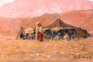 Nomadien leiri Etelä-Algeriassa (öljy puulle)