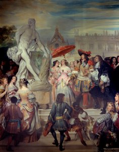 Pierre Puget (1620-1694) esittelee Milon of Crotone -patsaansa Ludvig XIV:lle (1638-1715) Versaillesin linnan puutarhassa. Eugene Deverian (1808-1865) maalaus