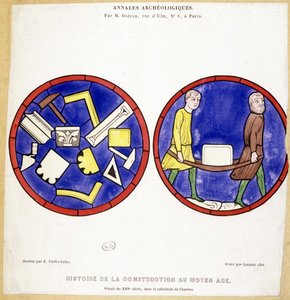 Keskiajan rakentamisen historia: 1200-luvun lasimaalausten fac-vertailu, Cathedrale de Chartres -piirros Eugene Viollet-le-Duc (Viollet le Duc) (1814-1879), jossa on useita makonisia symboleja. tekijältä Eugene Emmanuel (after) Viollet le Duc