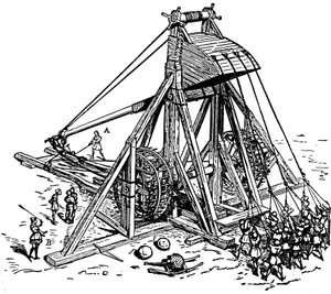 Valtavan katapultin (vastapainon trebuchet-tyyppinen), nimeltään mangonneau, uudelleenmuodostus
