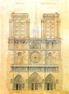 Pariisin Notre Damen katedraalin länsijulkisivun kunnostusprojekti risteyksen tornin jälleenrakennuksesta, 1843