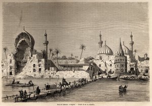 Eugene Flandinin (1809-1876) piirtämä venesilta Bagdadissa havainnollistamaan hänen matkaansa Mesopotamiaan vuosina 1840-1842. Kaiverrus ”” Le tour du monde”” 1861. Selvan kokoelma.