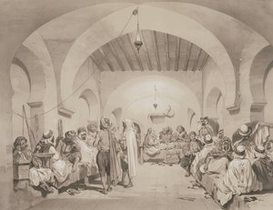 Cafe du Divan, Alger, teoksesta, jossa muistetaan Ranskan retkikuntajoukkoja, jotka valloittivat Algerin vuonna 1830. Kaiverrus Adolphe Jean-Baptiste Bayot (1810-66)