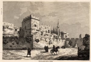 Suurten mestareiden palatsi Rodoksella, piirros Eugene Flandin havainnollistamaan hänen matkaansa Rodoksen saarelle vuonna 1844. Kaiverrus kirjaan "" Le tour du monde", toimittanut Edouard Charton