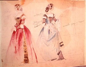 Kaksi naisten pukusuunnittelua Alfred de Mussetin (1810-1857) Les Caprices de Mariannen luomishetkellä (akvarelli paperille)