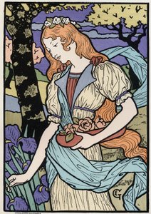 Taide. Naiset jugendtyyliin. Kuvitus: E. Grasset, Ranska, n. 1890 (juliste)