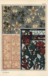 Columbine, Aquilegia vulgaris, kukkakuvioinen tapetti, lasimaalaus ja laatat tekijältä Eugene Grasset