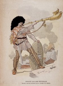 Gallialainen sotilas, joka soi sodan torvelta (carnyx) - "" Illustrous Teaching Cahiers, Sotapuvut pronssikauden ja gallian aikakaudelta", ed Grasset tekijältä Eugene Grasset