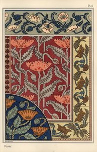 Unikko, Papaver somniferum, lasimaalauksia, tapetteja, kangasta ja laattakuvioita. Marc Manginin litografia tekijältä Eugene Grasset