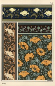 Unikko, Papaver somniferum, tapeteissa ja kangaskuvioissa. Litografia Verneuil tekijältä Eugene Grasset