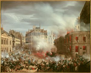 Vuoden 1848 vallankumous: "" Kuninkaanlinnan vesitorni-aukion tulipalo 24. helmikuuta 1848". Eugene Hagnauerin maalaus tekijältä Eugene Hagnauer