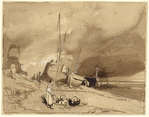 Bord de Plage (Kalastusveneet rannalla, myrskypilvet kaukana) tekijältä Eugene Isabey