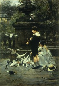 Kyyhkysten ruokkiminen, 1887 tekijältä Eugene Joors