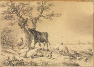Maisema eläinten kanssa ja poika puussa, 1866.