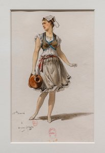 Korrigane. Charles-Marie Widorin baletti, pukumalli. 1880, kynä, akvarelli ja guassi paperille.