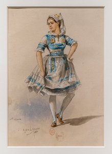 Korrigane. Charles-Marie Widorin baletti, pukumalli. 1880, kynä, akvarelli ja guassi paperille.